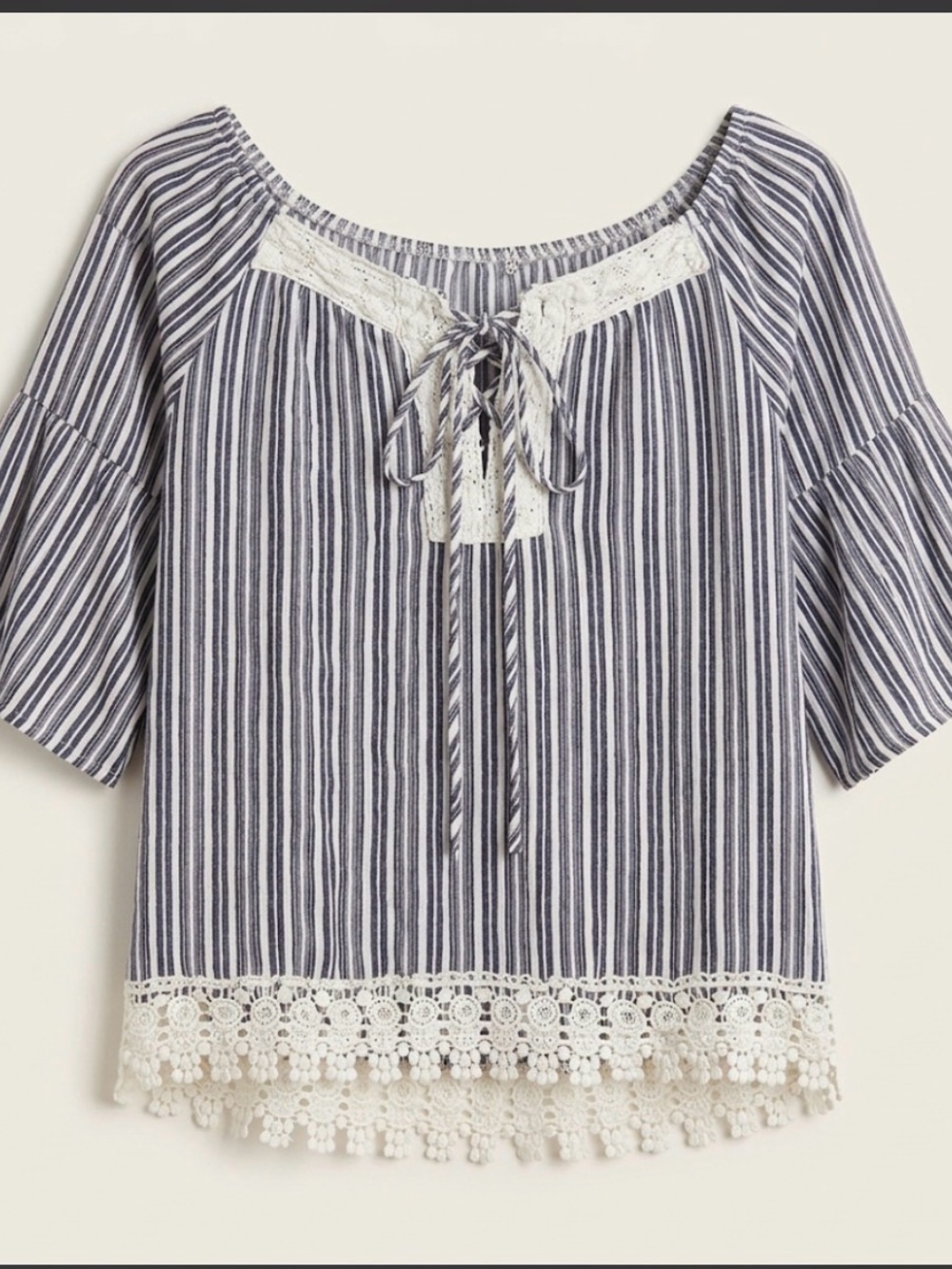 Almost Famous Striped Lace-Up Boho Crop Top Rayon Crochet Trim Knit